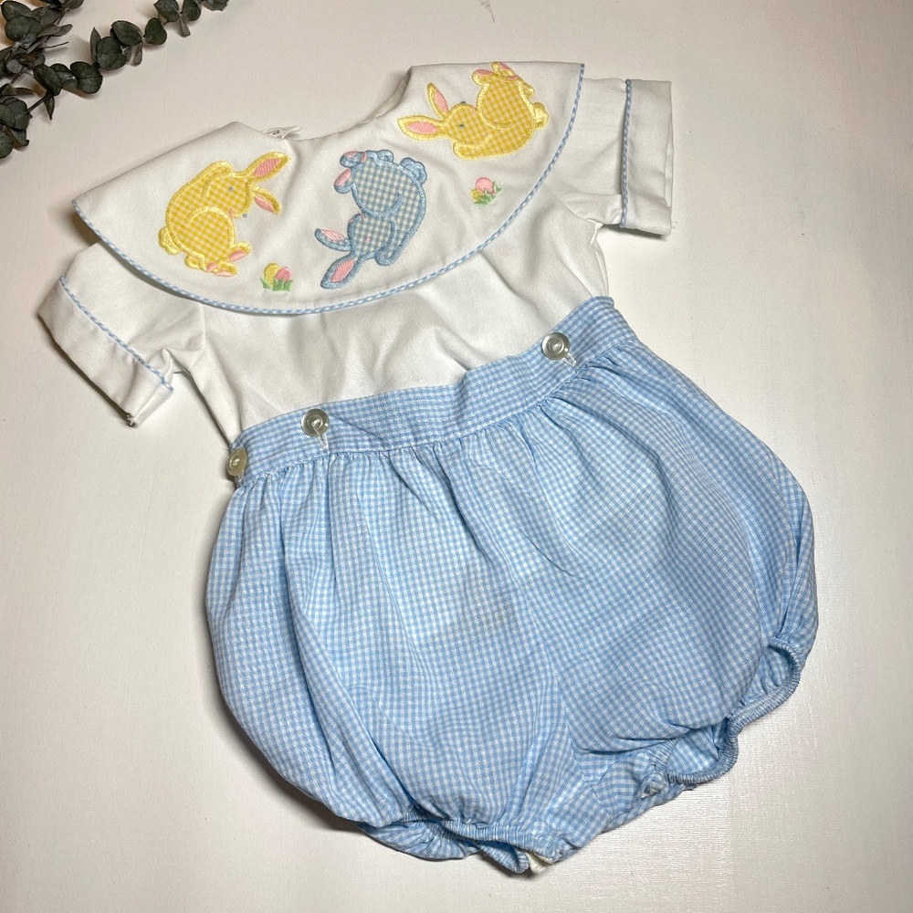 Vintage Asthon Connor Boy 6Mo Applique Easter Bunny Check Shortall Bubble Romper